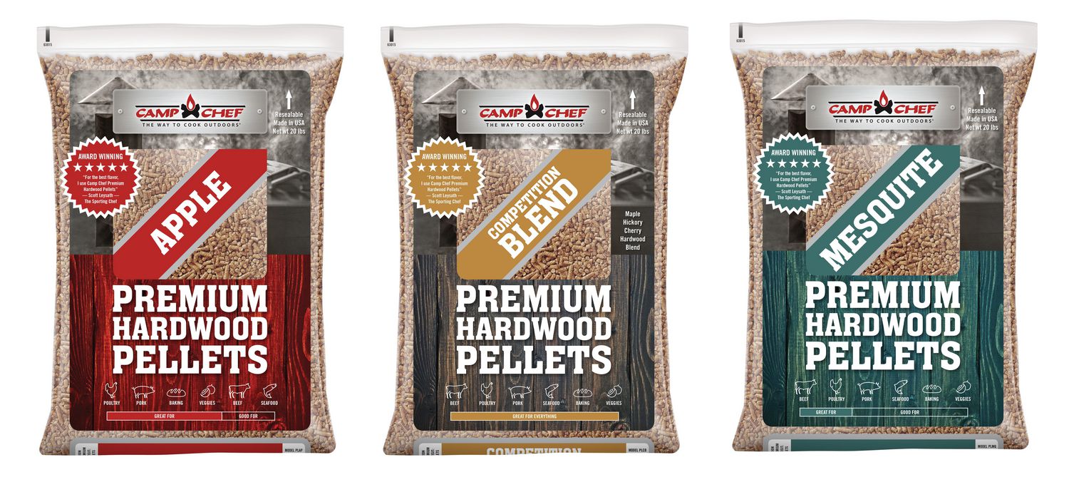 Camp Chef 3 Bags of Pellets Competition Blend Apple Premium Blend Southwest Mesquite BBQ 20lbs each bag