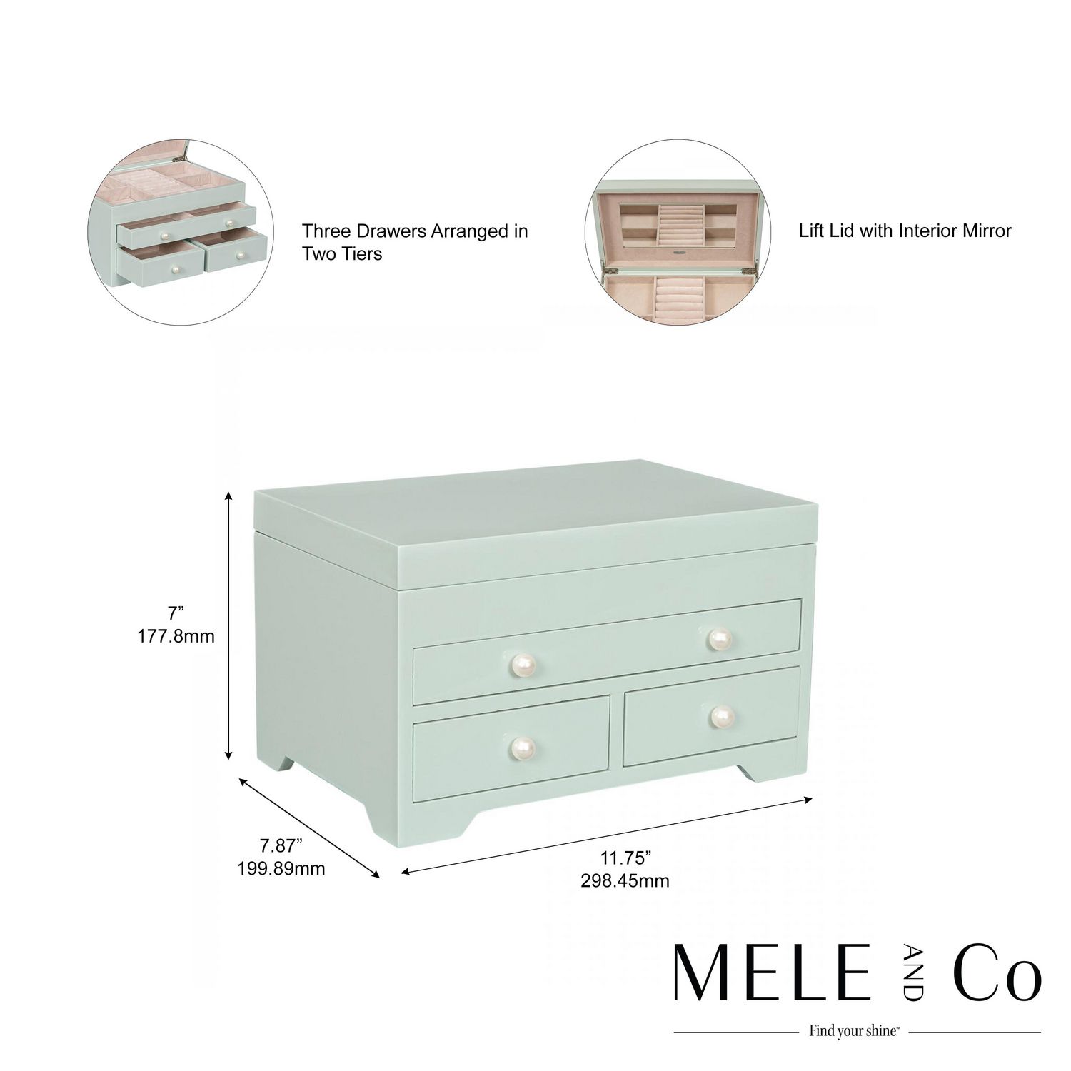 Mele and Co Bianca Seafoam High Gloss Wooden Jewellery Box