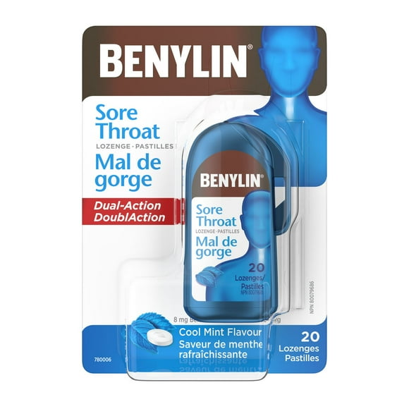 BENYLIN® Mal de gorge, apaise la gorge, saveur de menthe rafraîchissante, 20 pastilles