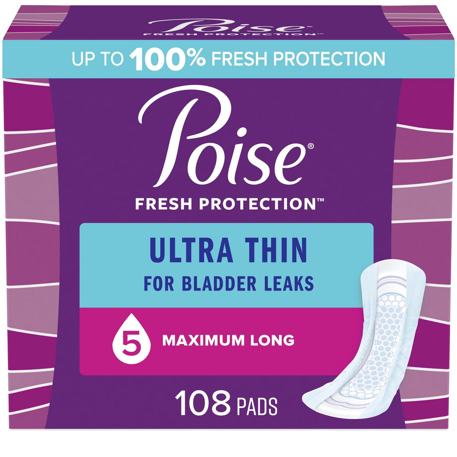 Poise Ultra Thin Incontinence Pads & Postpartum Incontinence Pads, 5 Drop Maximum Absorbency, Long Length, 108 Count
