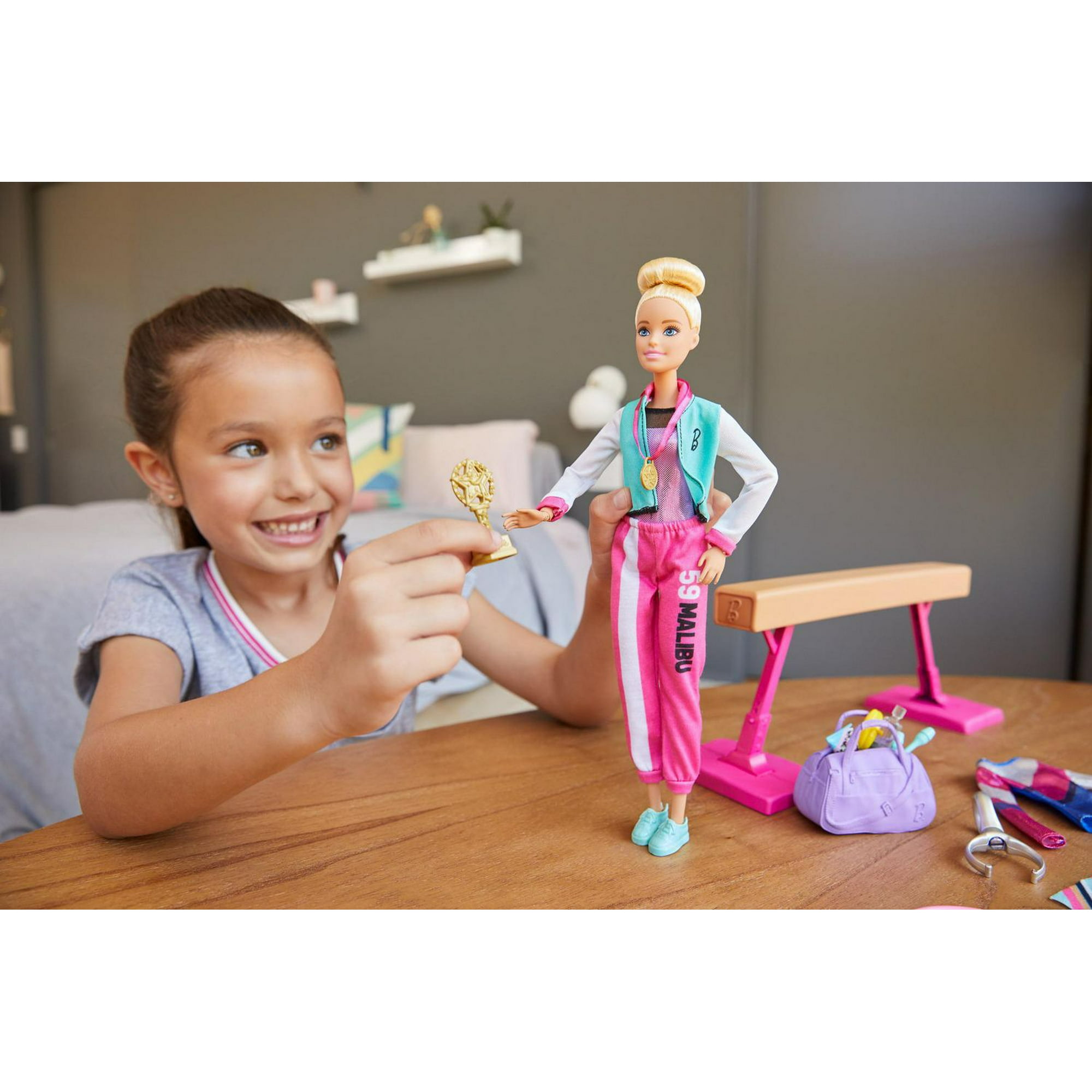 Barbie Gymnastics Playset with Brunette Doll & 15+ Accessories, Twirling  Gymnast Toy & Balance Beam