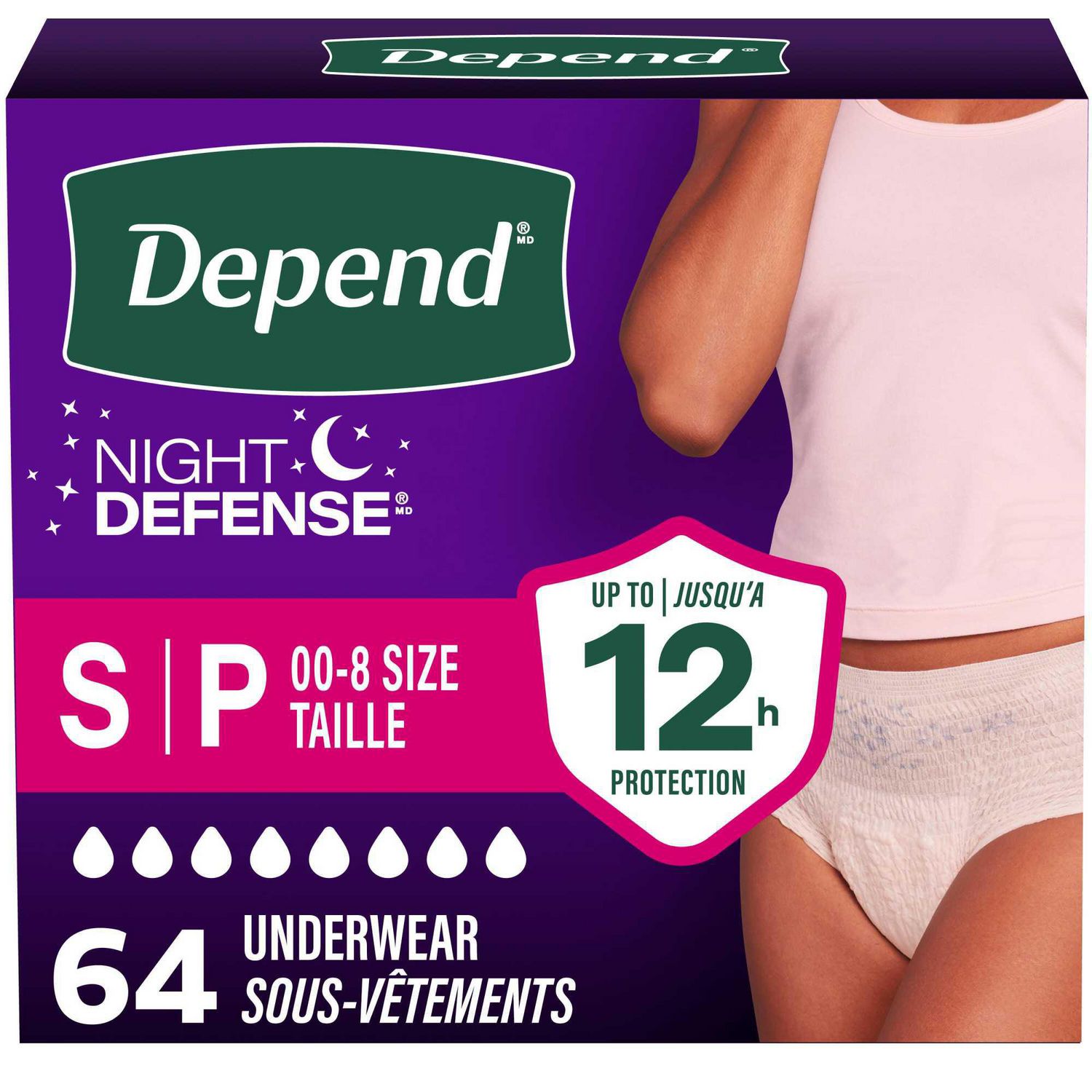 Sous-vêtements d’incontinence pour adultes Depend Night Defense pour femmes, jetables, de nuit, petit, roses, 64 unités