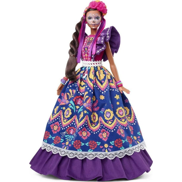 Poupée ​Barbie Día de Muertos 2022, vêtue d'une robe volantée  traditionnelle, d'une couronne de fleurs et portant un maquillage au  concept de crâne, cadeau pour les collectionneurs 
