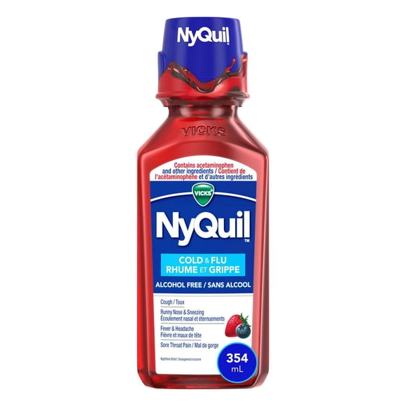 Vicks NyQuil Cold and Flu Alcohol Free Medicine, Berry Flavour, Relieves Nighttime Cough, Sore Throat Pain, Fever, Runny Nose, Cold & Flu Symptoms