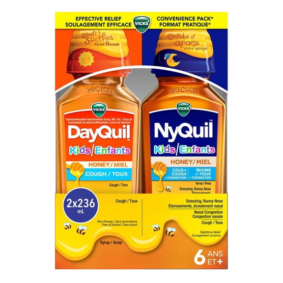 Vicks DayQuil and NyQuil Kids Honey Flavour Medicine, Daytime Cough Relief and Nighttime Relief of Cough, Runny Nose, Stuffy Nose, Sneezing, Cold Symptoms, Convenience Pack, 2 x Bottles