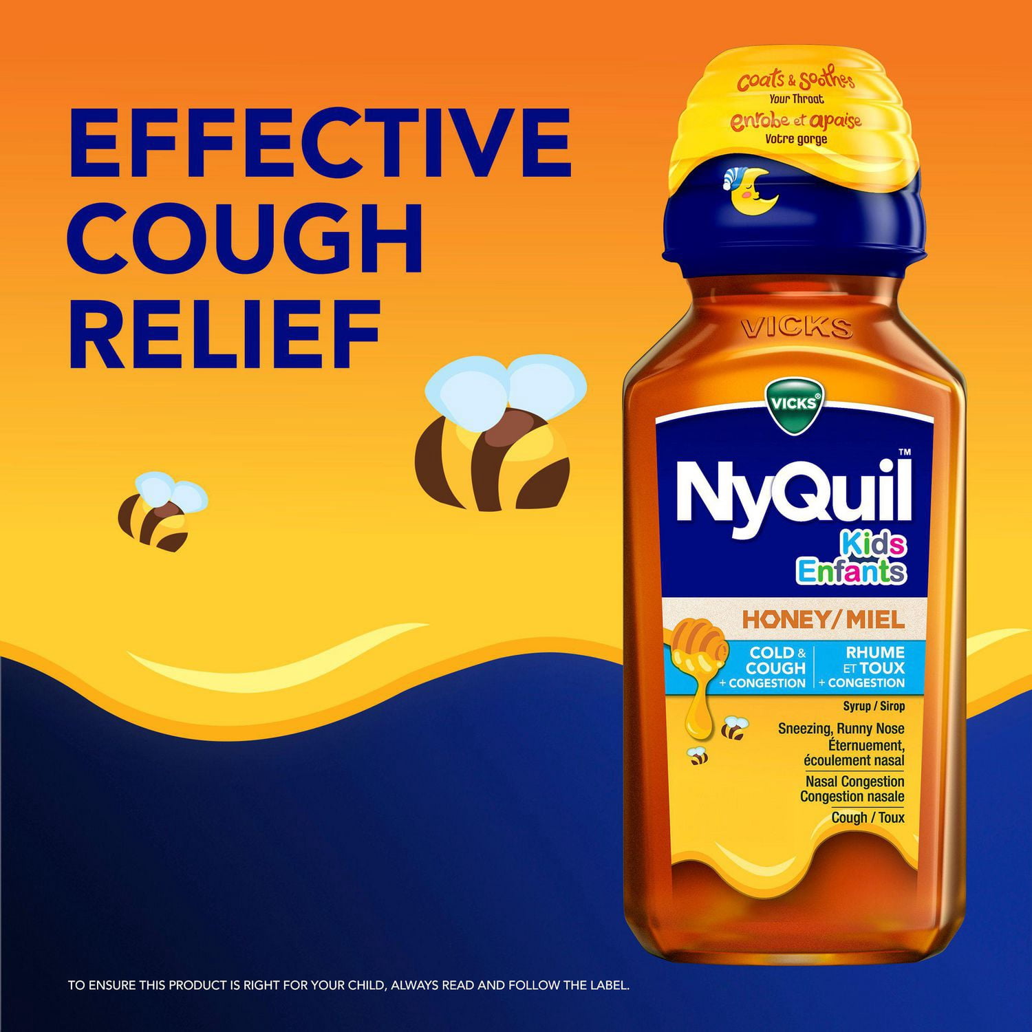 Vicks DayQuil and NyQuil Kids Honey Flavour Medicine, Daytime Cough Relief and Nighttime Relief of Cough, Runny Nose, Stuffy Nose, Sneezing, Cold Symptoms, Convenience Pack, 2 x Bottles
