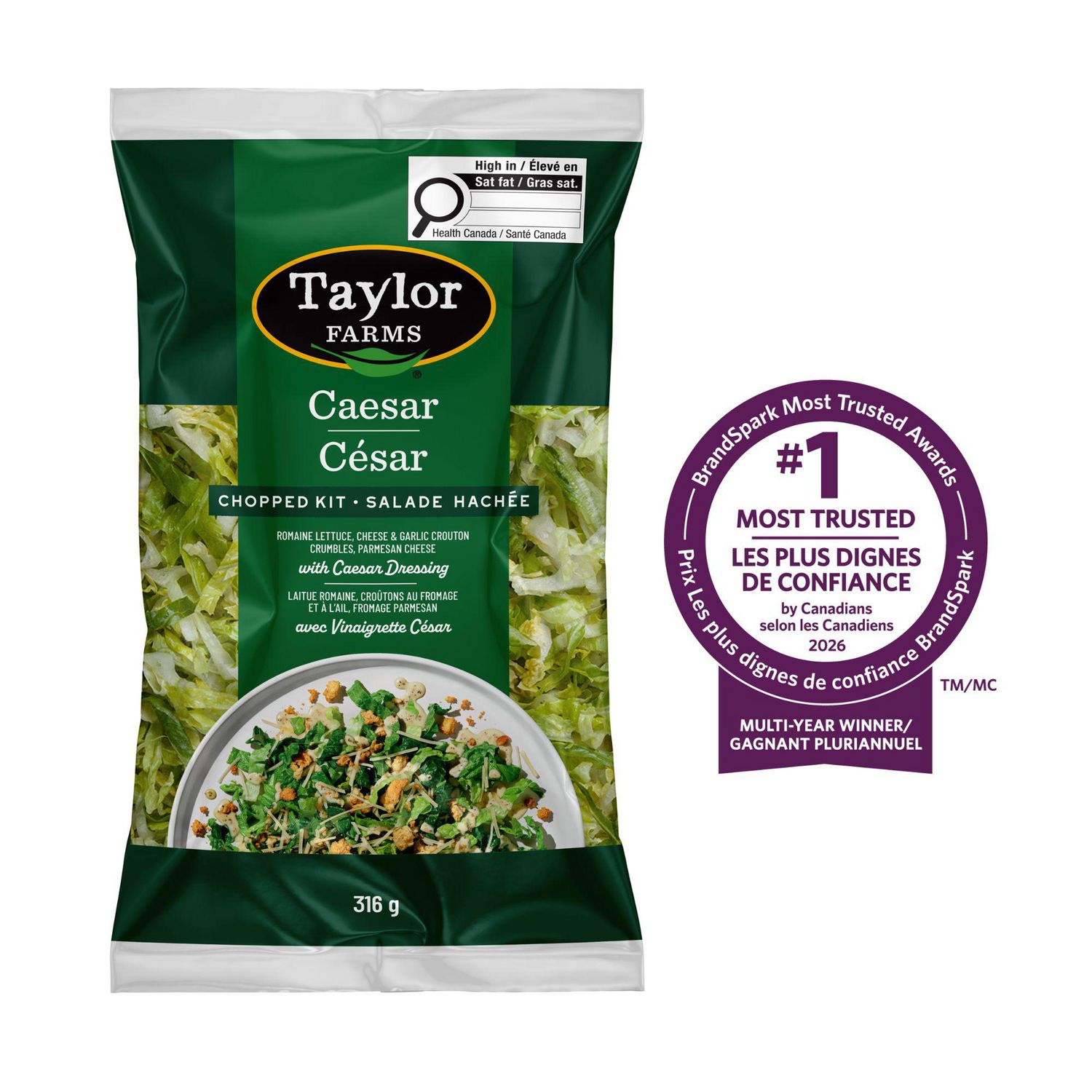Taylor Farms César Trousse de Salade Hachée, 316 g - Centré, Sac Orienté vers l'Avant Montrant de la romaine Hachée, du parmesan Râpé et des Croustilles de crouton à l'Ail et au Fromage avec Sachet de Vinaigrette; César Complet Format Familial, avec un Assemblage Requis, Prêt en Moins de 3 minutes; Utilisé Souvent comme Accompagnement de Pique-Nique Rapide.