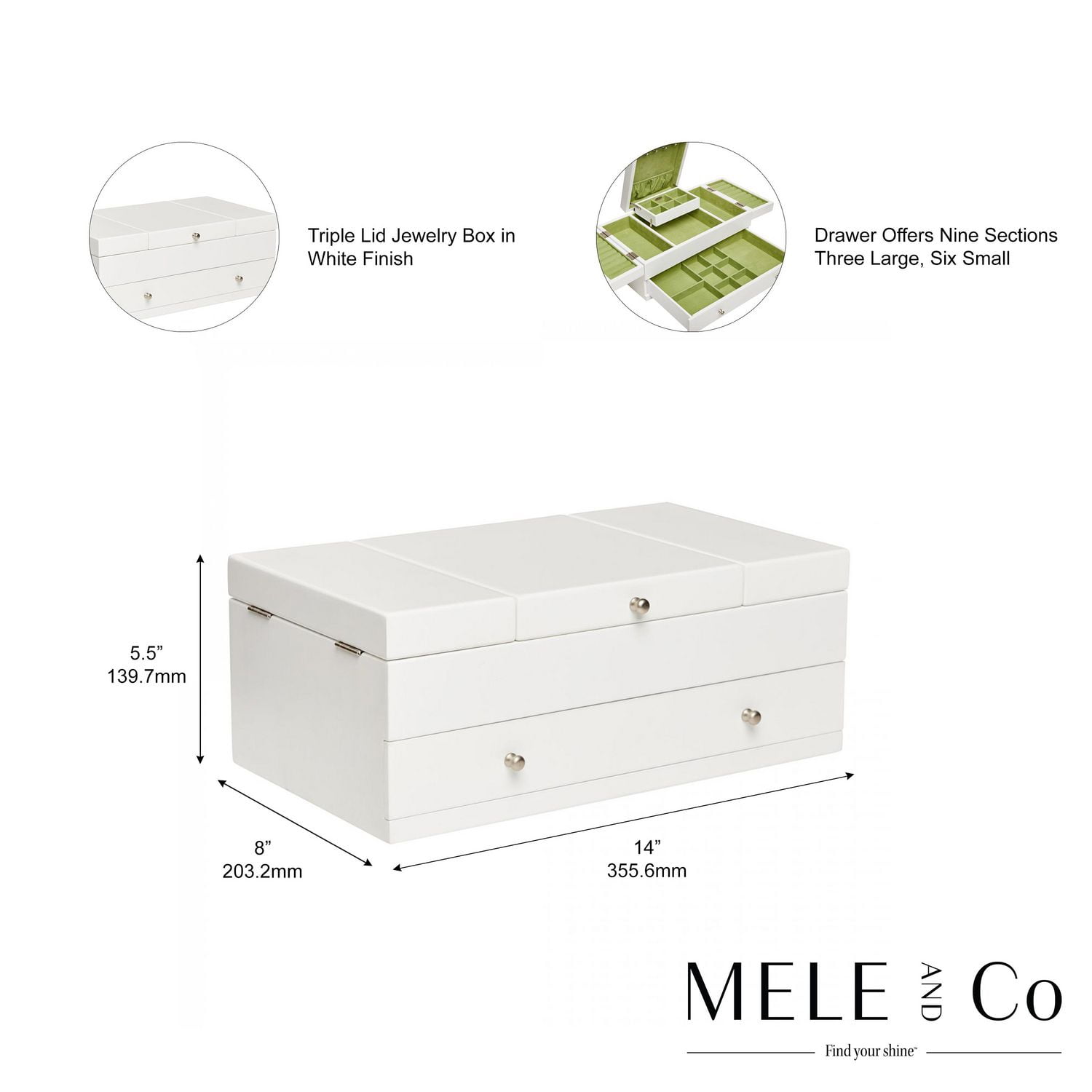 Mele and Co Boîte à bijoux en bois à triple couvercle blanc Everly