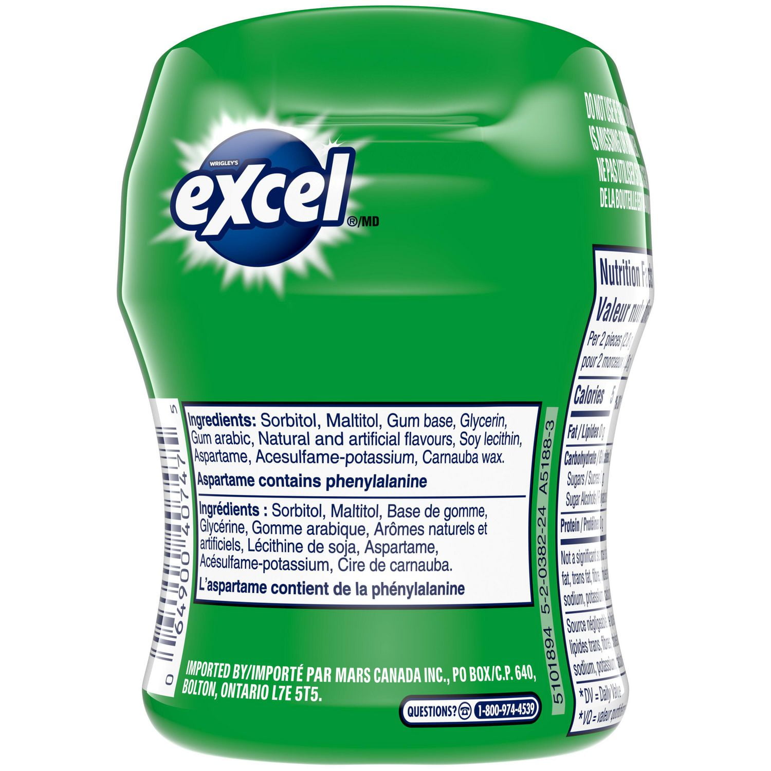 EXCEL, Spearmint Flavoured Sugar Free Chewing Gum, 60 Pieces, 1 Bottle, 1 Bottle, 60 Pellets