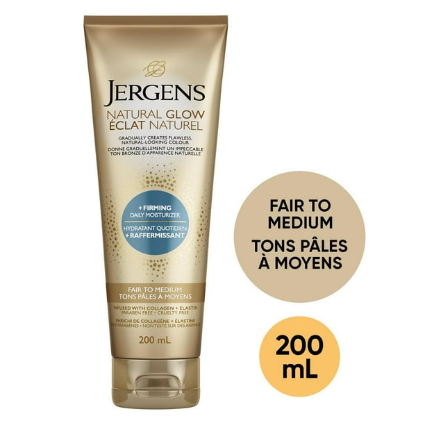 Jergens Natural Glow +Firming Daily Moisturizer & Gradual Sunless Self Tanning Body Lotion for Dry Skin, Fair to Medium Shade (200 mL), 200 ML