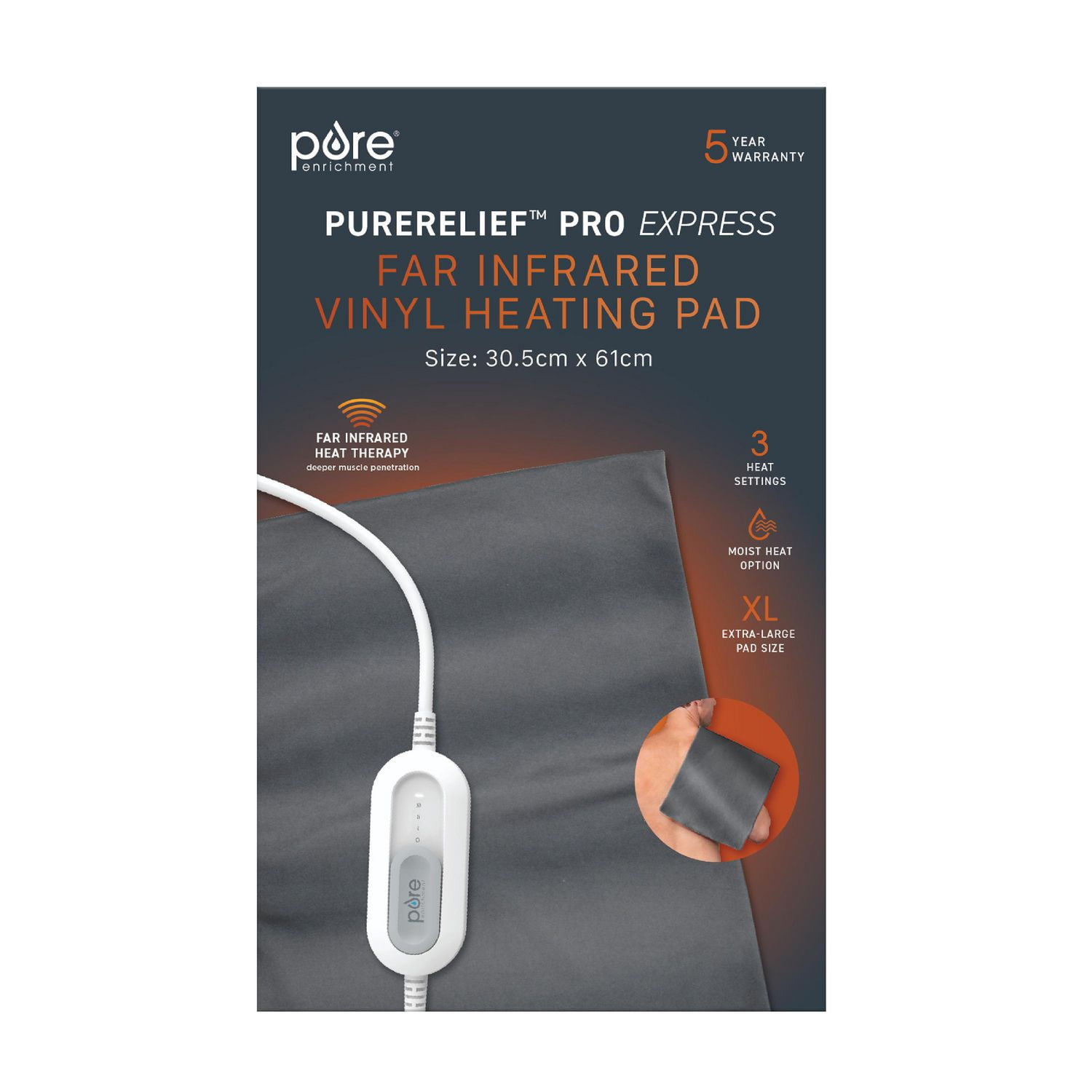 Pure Enrichment® Pro Express XL Far Infrared Vinyl Heating Pad - Deeper Muscle Relief for Back, Neck, Arms, Legs, 3 Heat Settings, Removable & Washable Graphene Cover, 30.5cm x 61cm (Gray)
