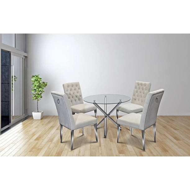 K-LIVING NORMAN ROUND GLASS AND CHROME BASE DINING TABLE WITH TUFTED ...