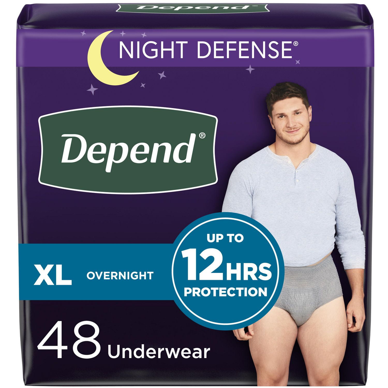 Sous-vêtements d’incontinence Depend Night Defense pour hommes, nuit, taille TG, emballage de 48