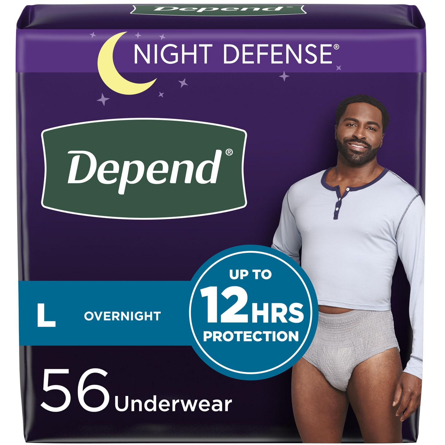 Sous-vêtements d’incontinence Depend Night Defense pour hommes, nuit, taille G, emballage de 56