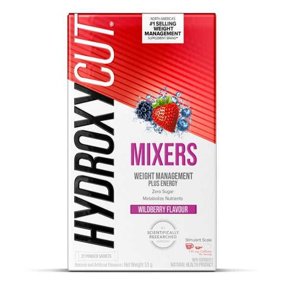 Hydroxycut Mixers Weight Management Instant Drink Mix, Weight Loss for Women & Men, Weight Loss Supplement, Energy Drink Powder, Metabolism Booster for Weight Loss, Wildberry Bellini Flavour, 21 ct, 53 g, 21 drink packets