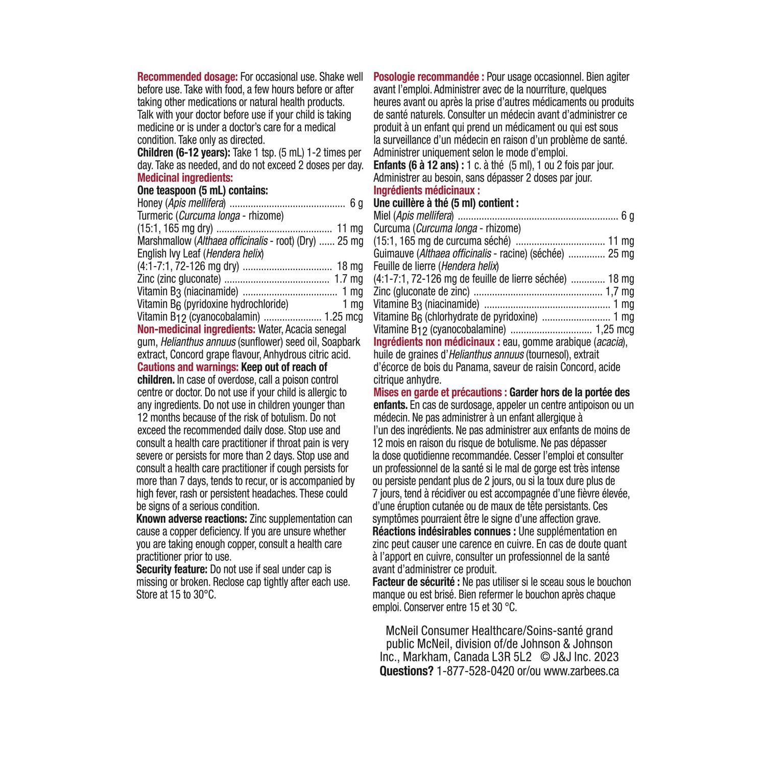 Zarbee's Children's Complete Cough + Cold Syrup, Zinc, Honey, Tumeric, Marshmallow Root, B Vitamins, English Ivy Leaf, 118 mL