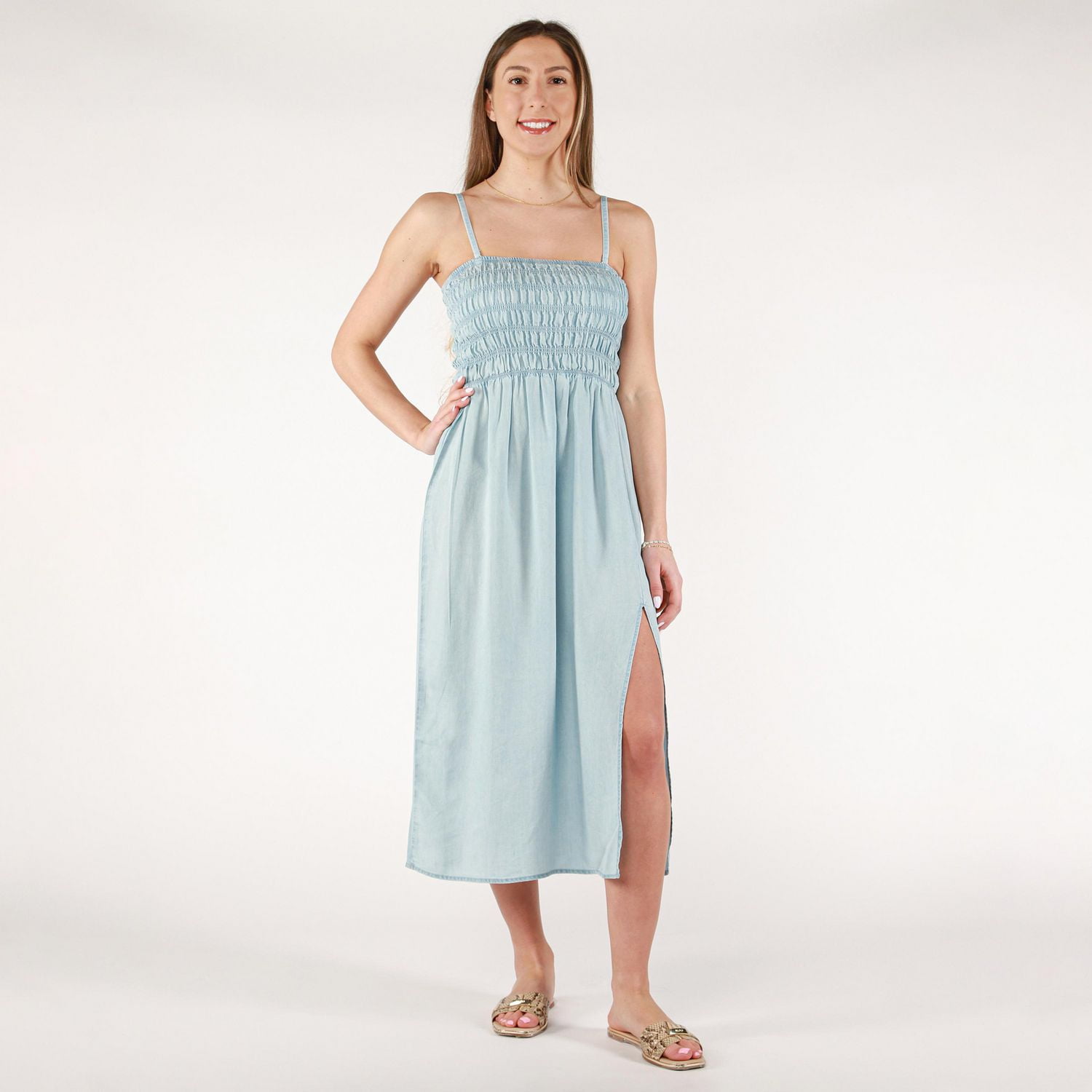 DV Strapless smocked bodice midi dress