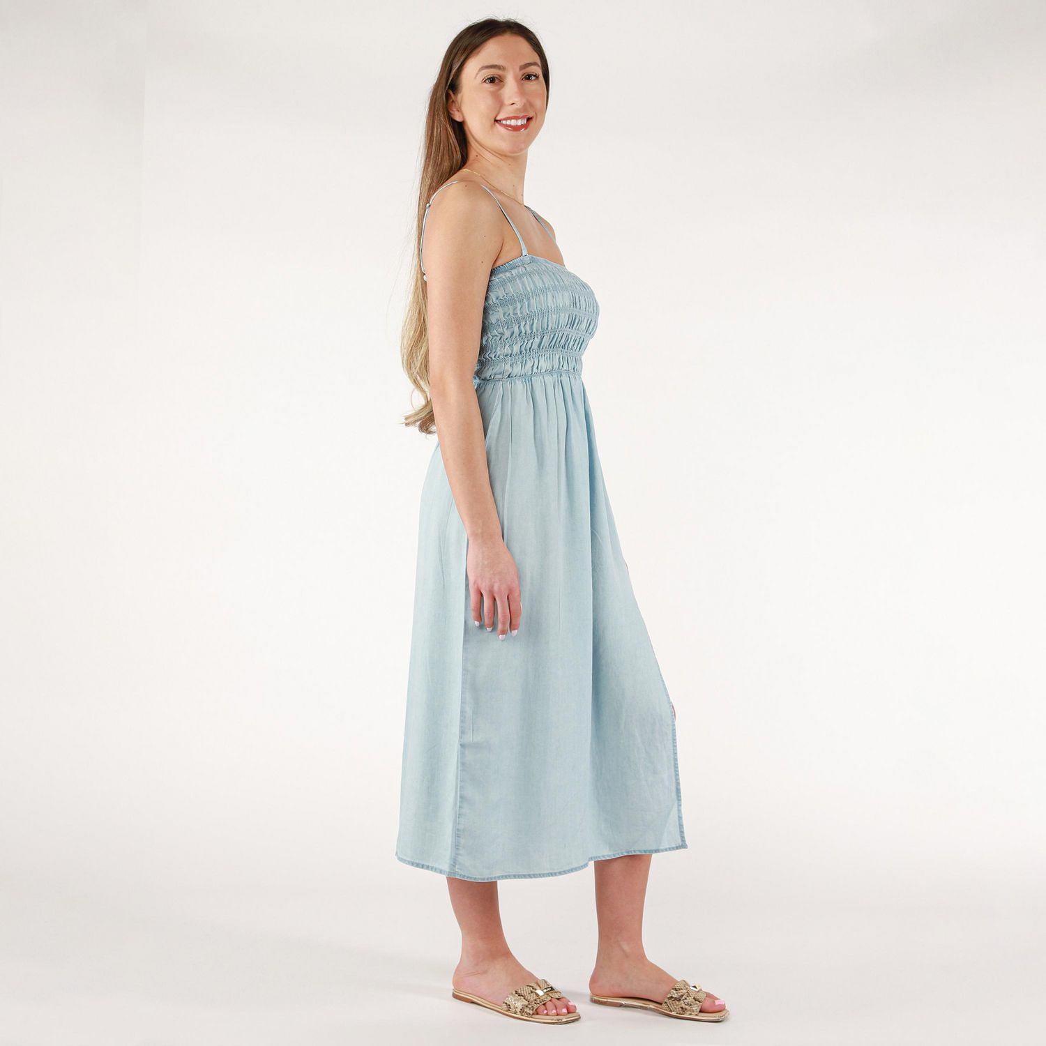 DV Robe midi sans bretelles à corsage smocké