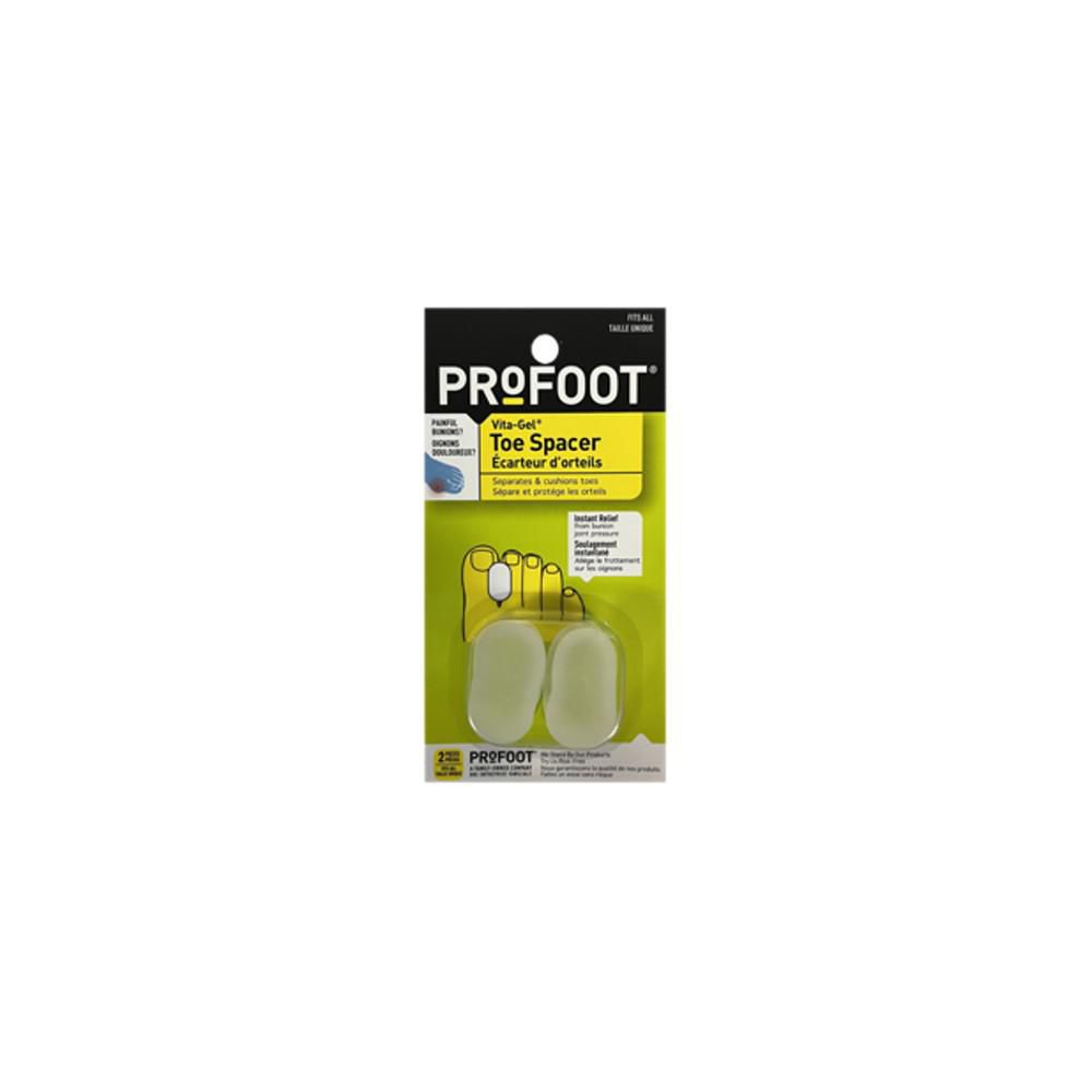 Entretoise d'Orteils ProFoot en gel Souple, Entretoise d'Orteils Centrée Gros Plan Montrant un Poignets en gel Souple Qui Sépare et Amortit les Gros et Deuxièmes Orteils pour Aider à l'Alignement des Orteils et au Soulagement de l'Oignon; Note une Formule Hydratante à l'Huile Minérale et des Soins de Lavage à la Main sur Fond Uni.