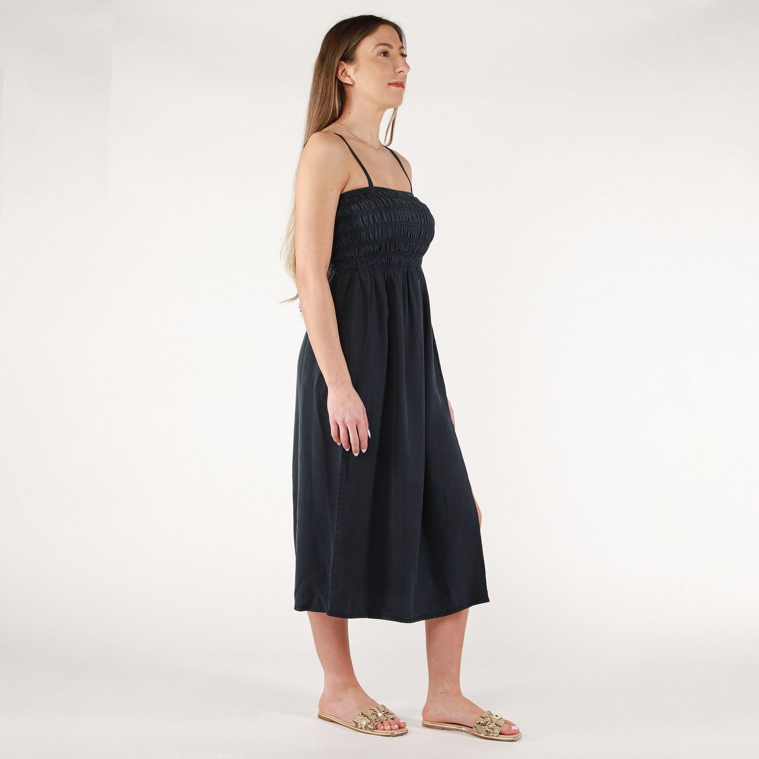 DV Strapless smocked bodice midi dress