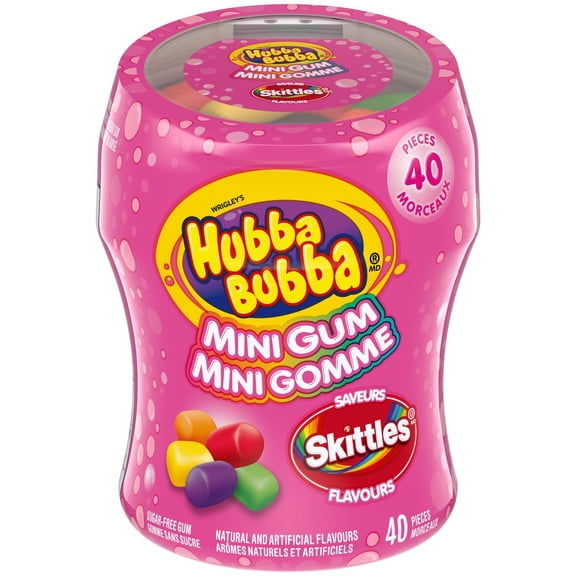 HUBBA BUBBA Mini SKITTLES, gomme balloune aromatisée sans sucre en bouteille refermable, 40 morceaux