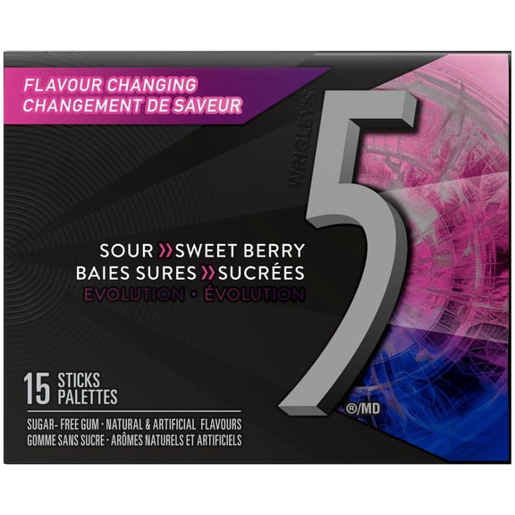 5 GUM, Evolution Sour to Sweet Berry Flavour Changing Sugar-Free Chewing Gum, 15-Stick Pack