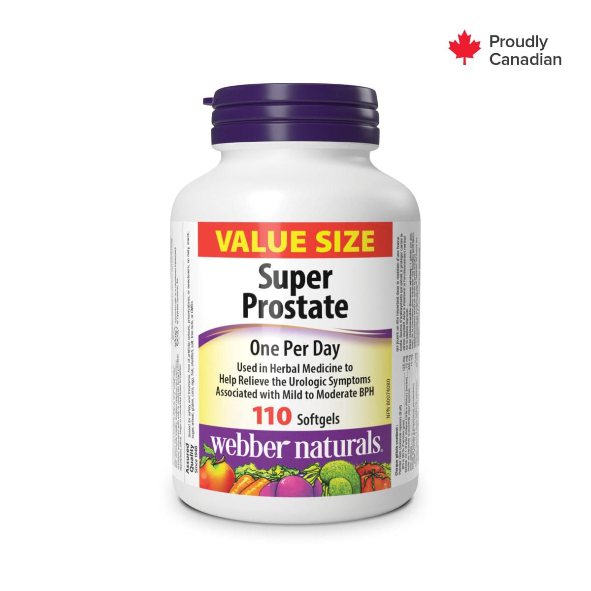 Webber Naturals Super Prostate one-per-day formula prostate health supplement with front label showing product name and listed ingredients saw palmetto, stinging nettle, pumpkin oil, zinc, lycopene and SelenoExcell selenium on a neutral background.