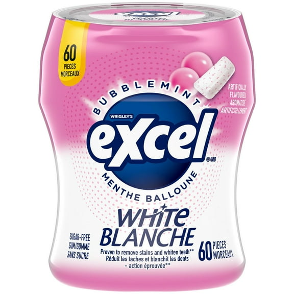 EXCEL White Bubblemint, Teeth Whitening Sugar Free Chewing Gum, 60 Pieces, 1 Bottle