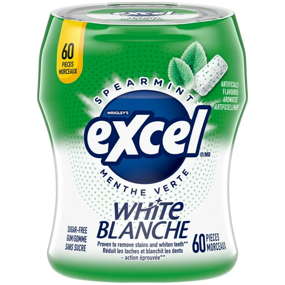 EXCEL White Spearmint, Teeth Whitening Sugar Free Chewing Gum, 60 Pieces, 1 Bottle