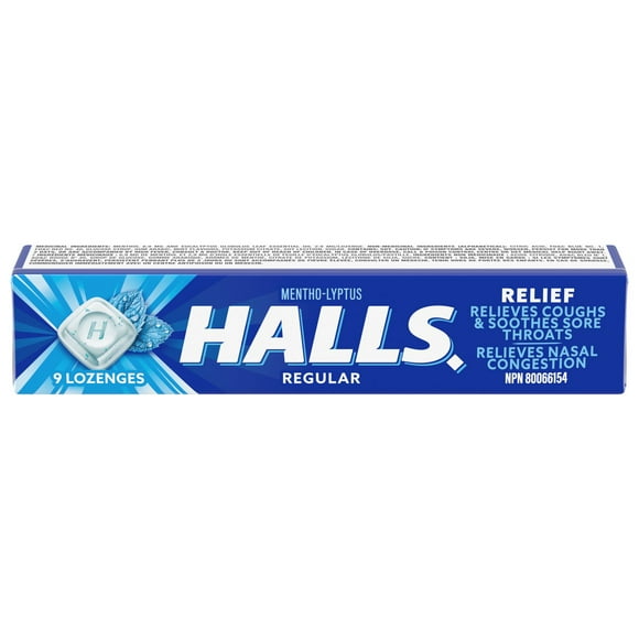 HALLS Regular Cough Drops, Throat Lozenges, Sore Throat Relief, Mentho-Lyptus, 9 Lozenges
