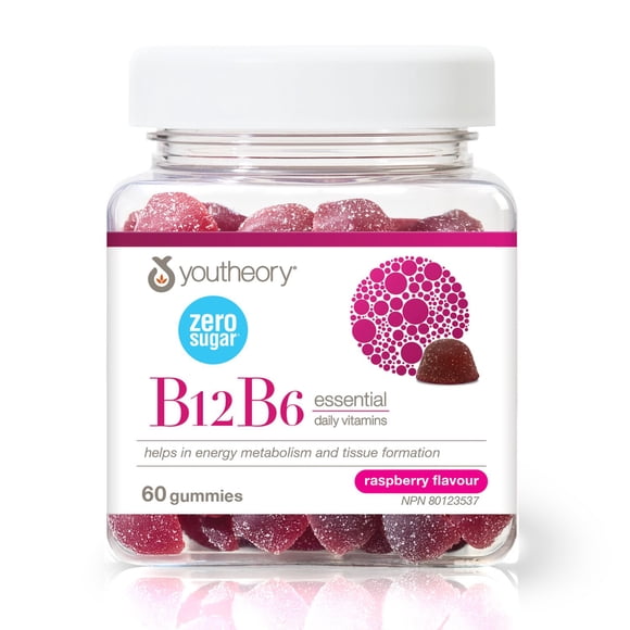 Youtheory gélifiés de vitamine B12B6, 30 mg ou 1 000 mg, sans sucre, fraise, 60 gélifiés