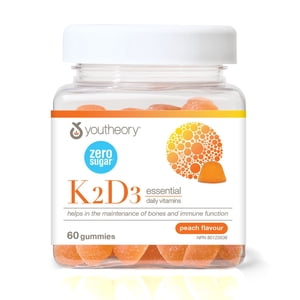 Youtheory Vitamin K2D3 Gummies, 100 mcg or 25 mcg (1000 IU), Zero Sugar, Peach, 60 Count