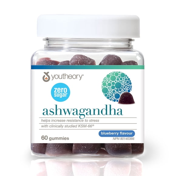 Youtheory Ashwagandha Gummies, 4800 mg DHE, Zero Sugar, Blueberry, 60 Count