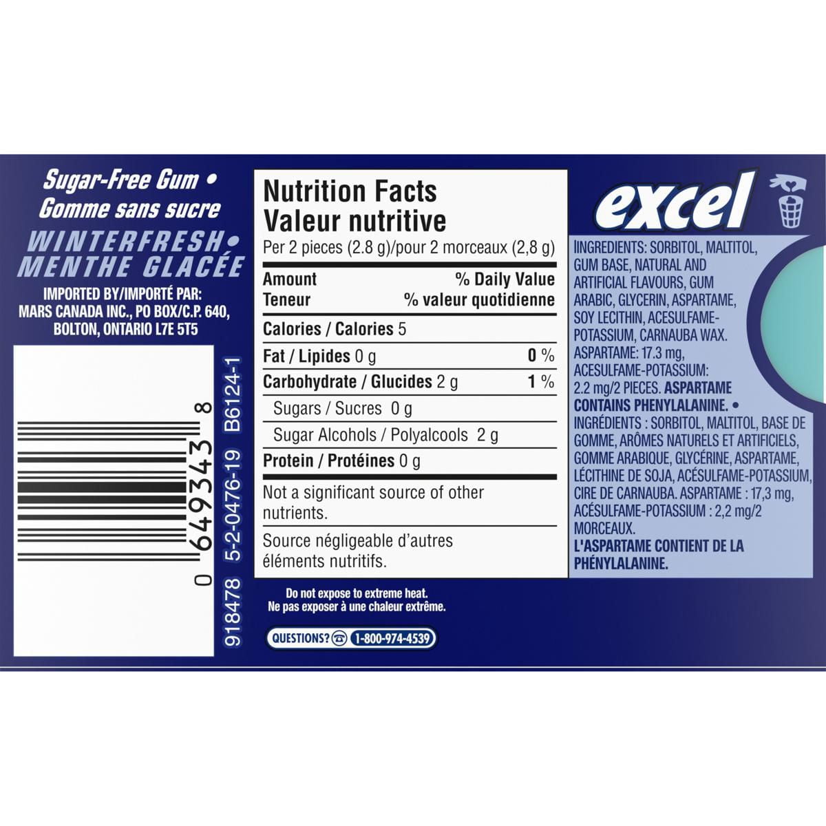 EXCEL, Winterfresh Flavoured Sugar Free Chewing Gum, 12 Pieces, 1 Pack, 4 Packs, 12 Pellets/Pack