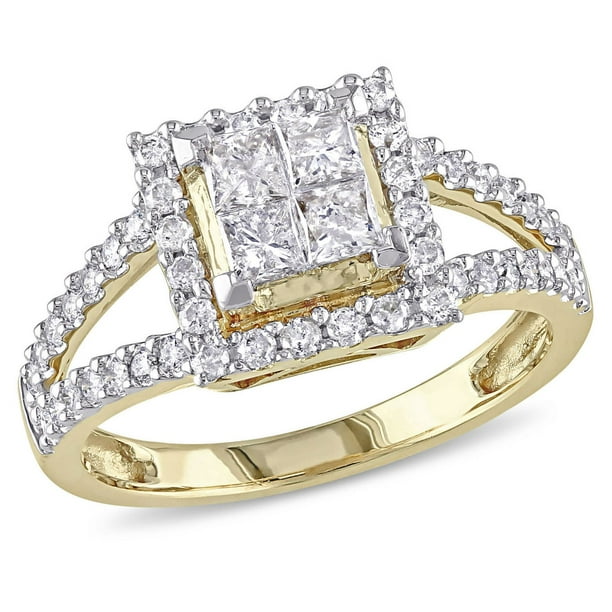 Bague de fiançailles auréole Miabella avec diamants de coupe princesse 1 CT poids total en or jaune 14K