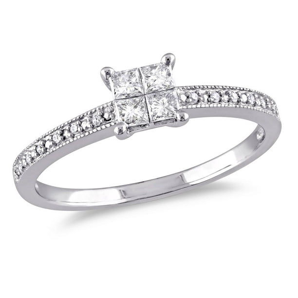 Bague de fiançailles Miabella avec diamants de coupe princesse 1/3 CT poids total en or blanc 10K