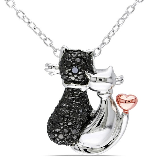 Pendentif de forme chats Asteria avec accents de diamants noirs en argent sterling double ton, 18 po