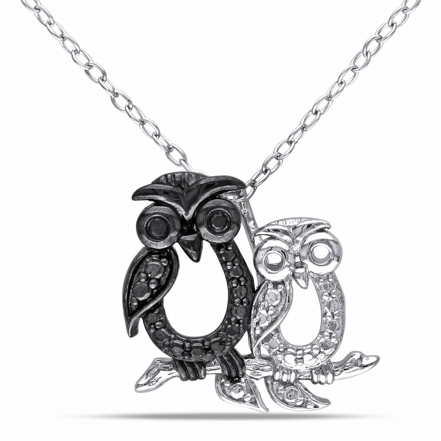 Asteria Black Diamond-Accent Two-Tone Sterling Silver Owl Pendant