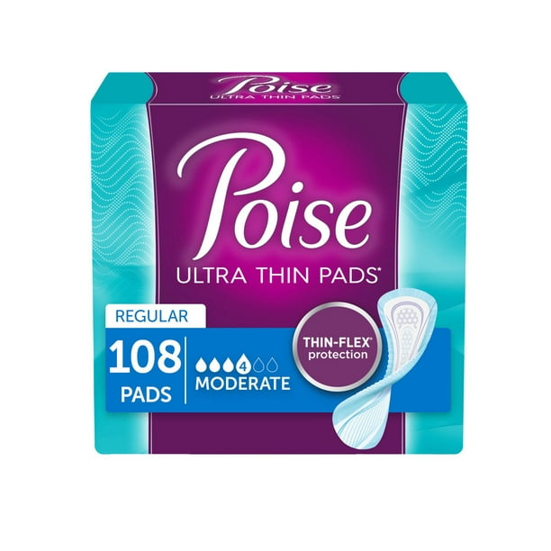 Serviettes ultra minces pour incontinence Poise, absorption modérée, sans parfum, régulières (108 serviettes)