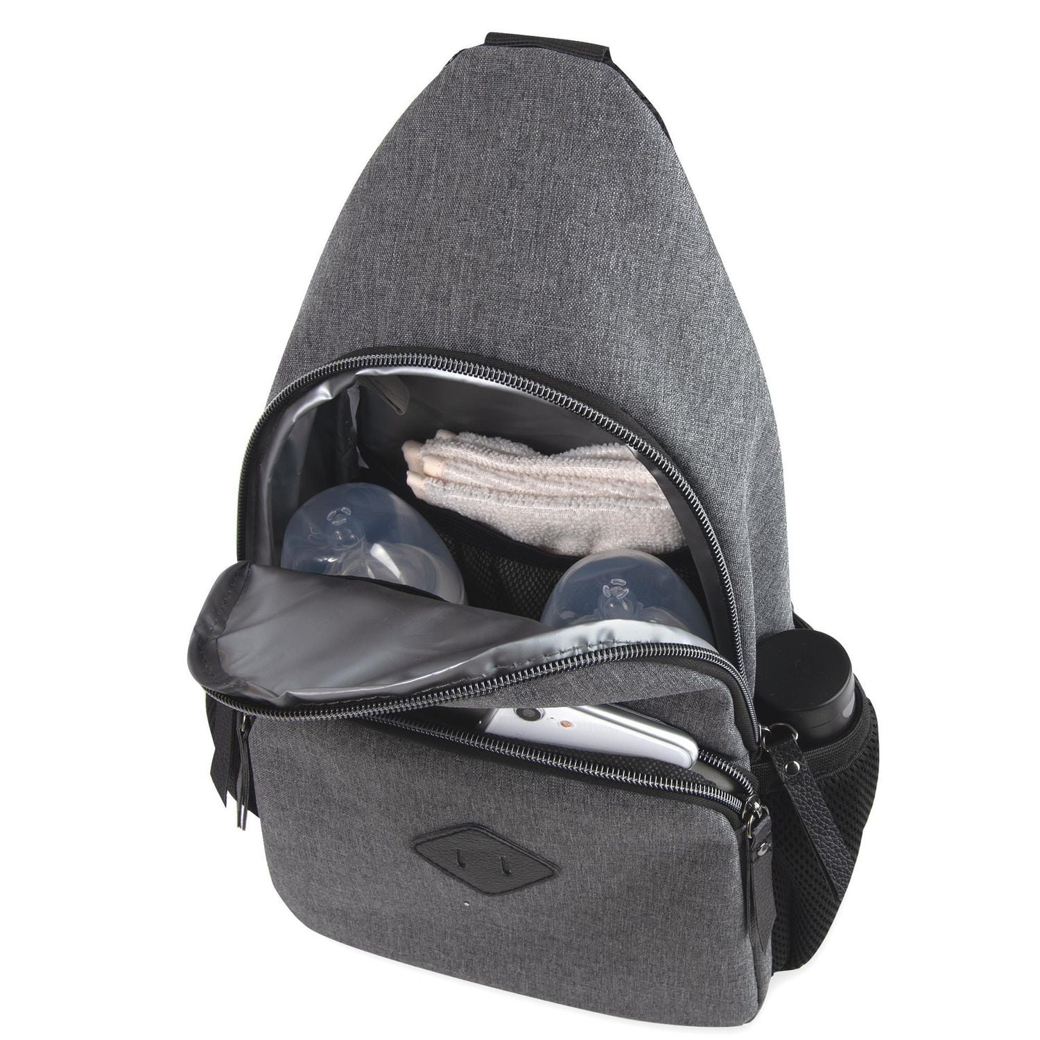 Baby Essentials Multi Pocket Dual Zipper Crossbody Sling Diaper Bag Backpack with Matching 6 Ply Changing Pad and Mini Insulated Bottle Pockets in Grey and Black 7 pockets Walmart