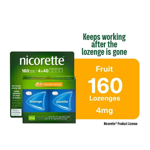 Pastilles Nicorette Fruit frais 4 mg, aide pour cesser de fumer, TRN, produits de remplacement de la nicotine, maîtrise des envies, saveur de fruit paquet de 160