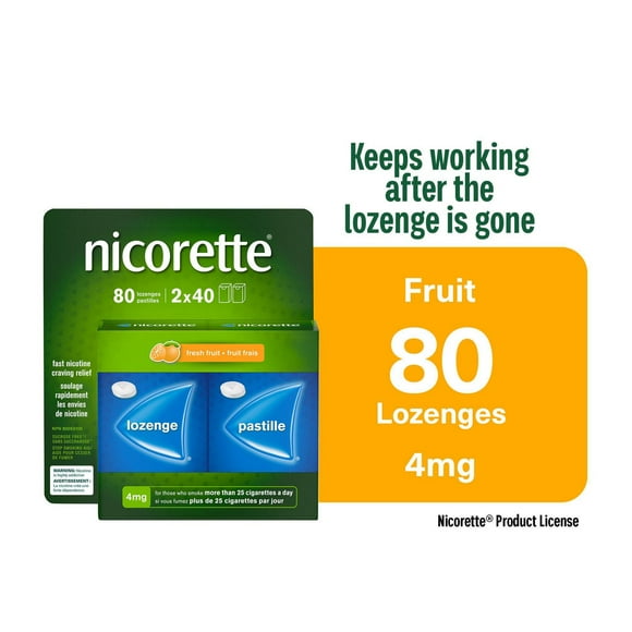 Pastilles Nicorette Fruit frais 4 mg, aide pour cesser de fumer, TRN, produits de remplacement de la nicotine, maîtrise des envies, saveur de fruit paquet de 80