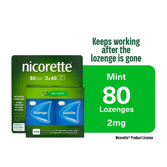 Pastilles Nicorette Menthe 2 mg, aide pour cesser de fumer, TRN, produits de remplacement de la nicotine, maîtrise des envies, saveur de menthe paquet de 80