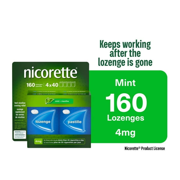 Pastilles Nicorette Menthe 4 mg, aide pour cesser de fumer, TRN, produits de remplacement de la nicotine, maîtrise des envies, saveur de menthe paquet de 160