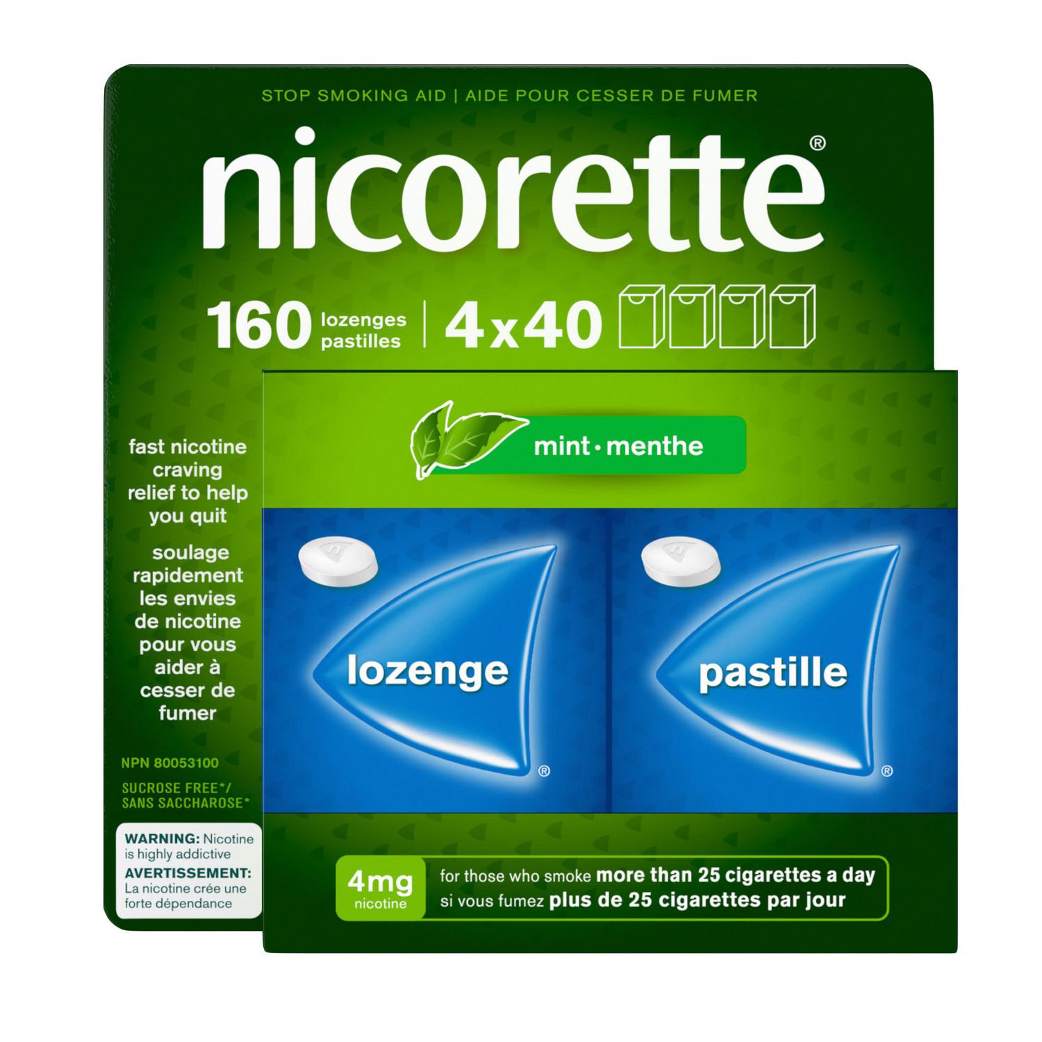 Pastilles Nicorette à la nicotine 4 mg, menthe – Aide pour arrêter de fumer, soulage l’envie de fumer et les symptômes de sevrage, TRN, pastilles Nicorette sans saccharose*, 160 unités