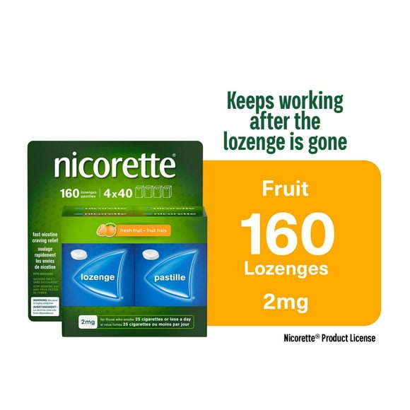 Pastilles Nicorette Fruit frais 2 mg, aide pour cesser de fumer, TRN, produits de remplacement de la nicotine, maîtrise des envies, saveur de fruit paquet de 160