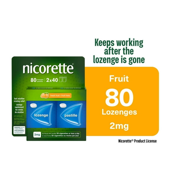 Pastilles Nicorette Fruit frais 2 mg, aide pour cesser de fumer, TRN, produits de remplacement de la nicotine, maîtrise des envies, saveur de fruit paquet de 80