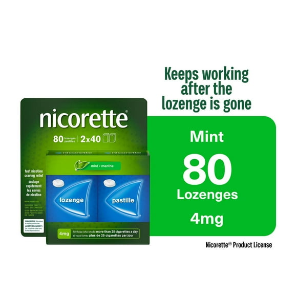 Pastilles Nicorette Menthe 4 mg, aide pour cesser de fumer, TRN, produits de remplacement de la nicotine, maîtrise des envies, saveur de menthe paquet de 80