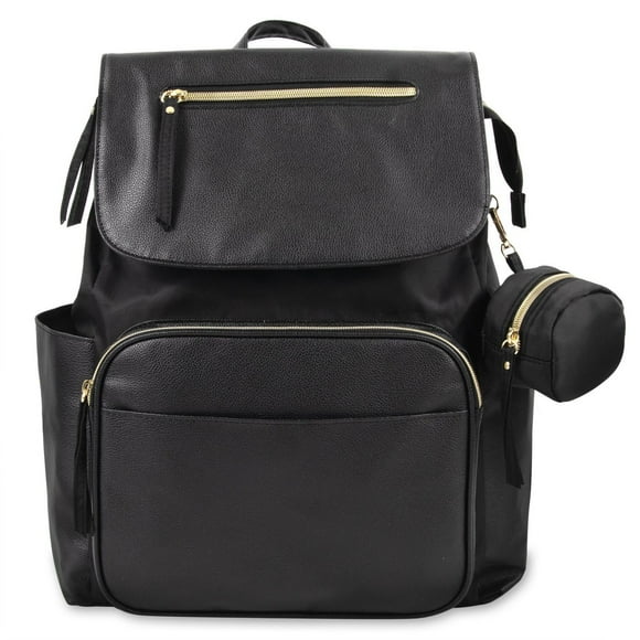 Baby Essentials Black Vegan Leather Multi-Pocket Magnetic Flap and Zipper Closure Fashion Diaper Bag Backpack with Matching 6-Ply Folding Baby Changing Pad, Stroller Straps and Pacifier Pouch in Black, 12 pockets