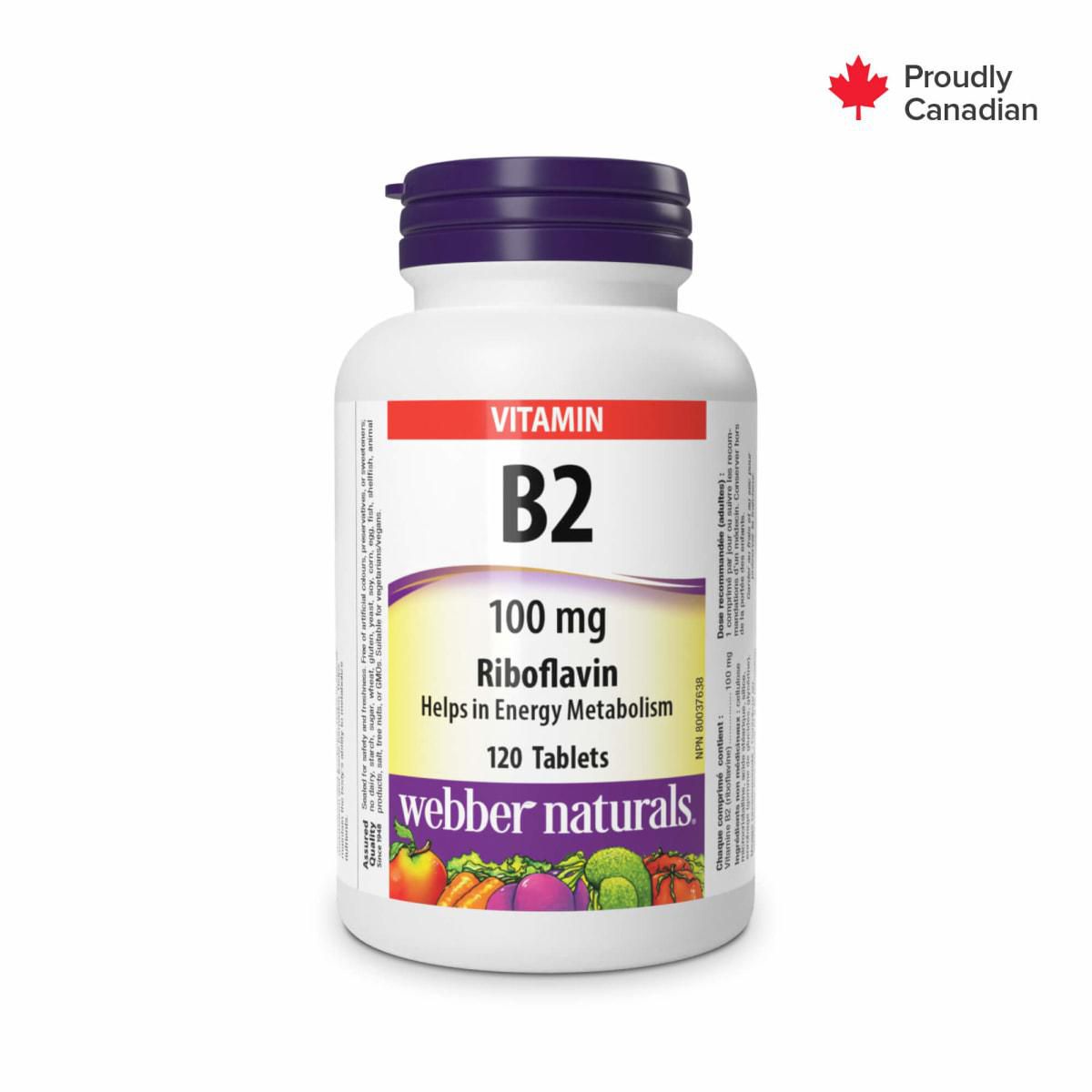 Webber Naturals B2 Riboflavin 100 Mg front-facing supplement bottle with label stating brand and 100 Mg dosage; dietary riboflavin supplement, vegan-friendly, supports energy metabolism per product details. Suitable for daily use or included in travel vitamin packs.